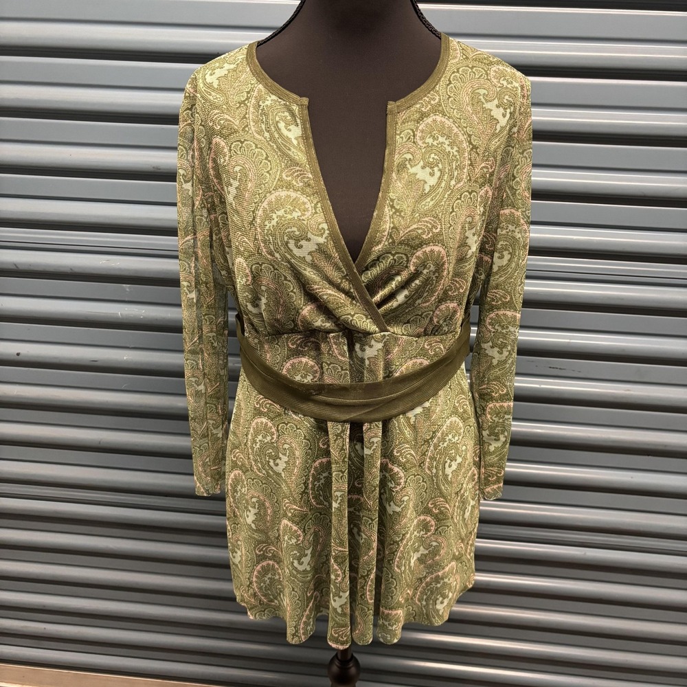 Zero‎ 2 Nine Tunic Womens L Green Paisley Long Sleeve Belted Top Boho Y2K
